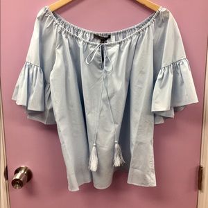 MAXSPORT Top Blouse Ruffle Sleeve Tie New Blue